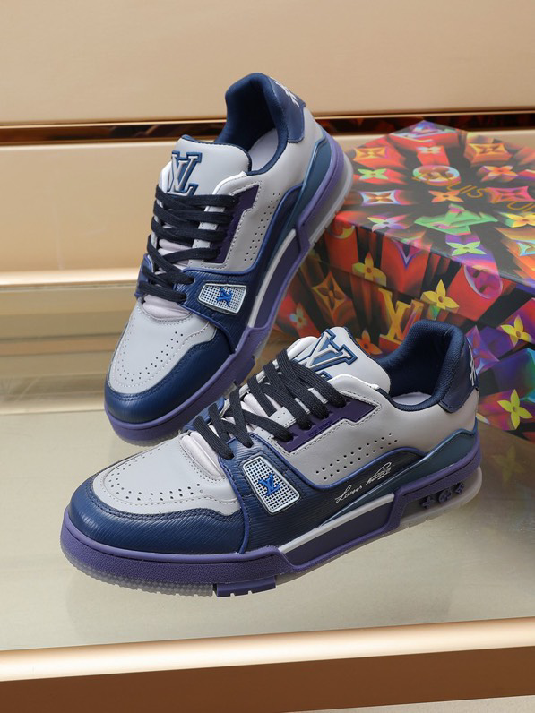 Luxury Virgil Trainer Sneakers Shoes #54 Signature Blue Light Grey Monogram