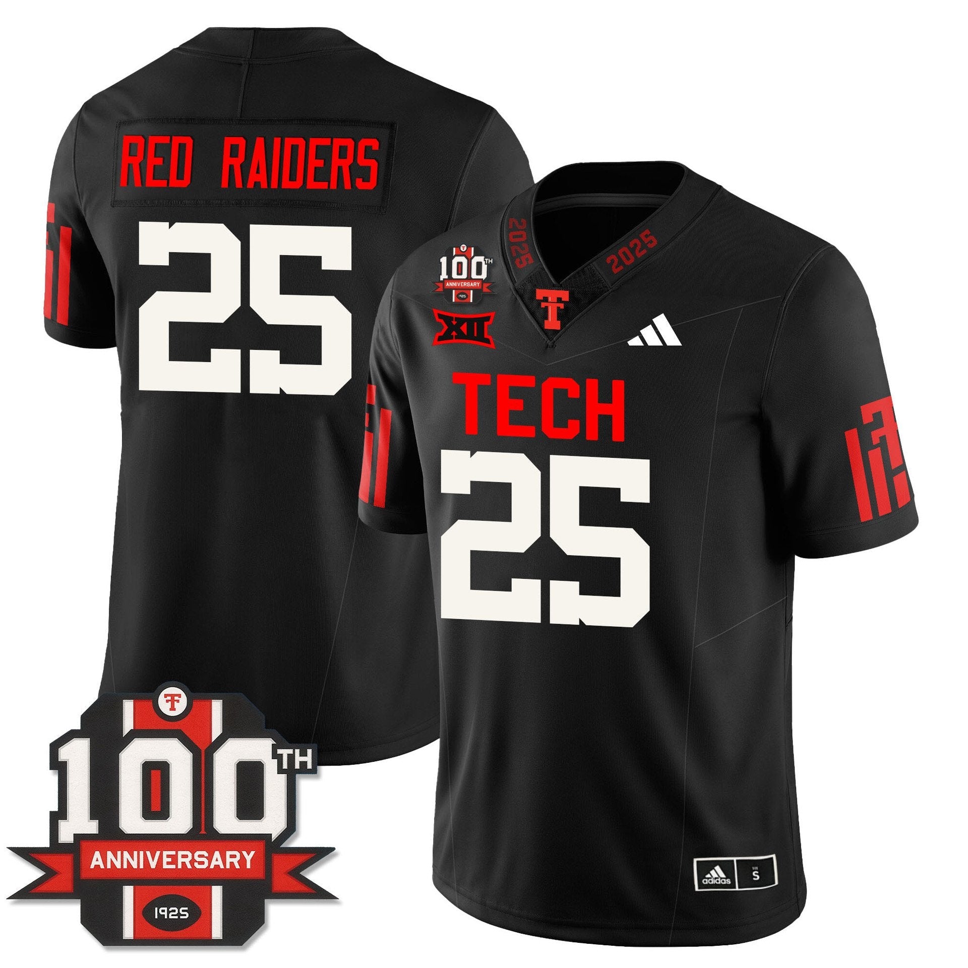 Red Raiders Jersey #25 Texas Tech Football 100th Anniversary Stitched Black