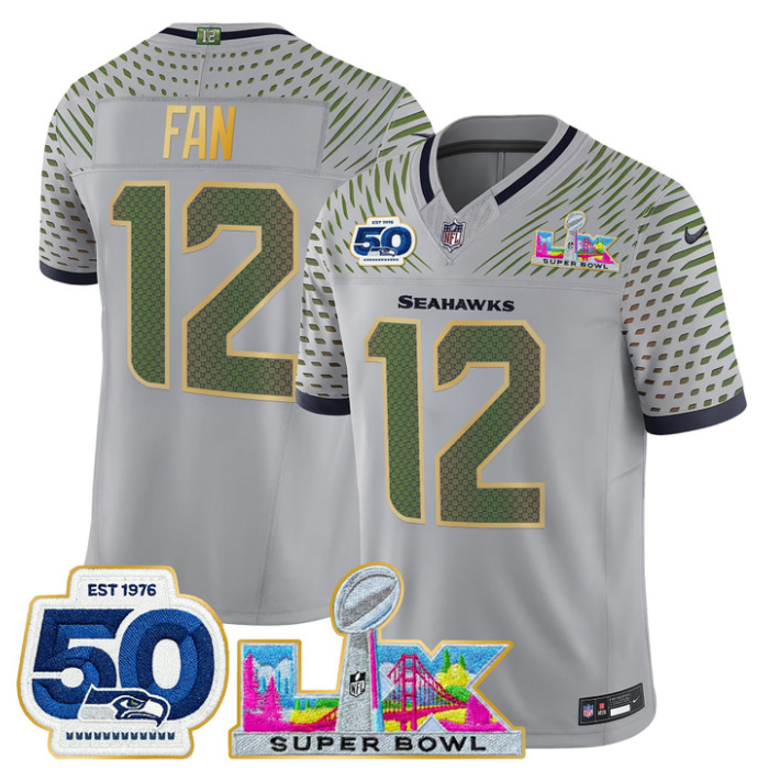 12th Fan Jersey #12 Super Bowl LX & 50th Patch Gold Trim Stitched