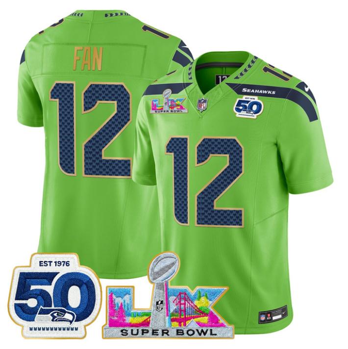 12th Fan Jersey #12 Super Bowl LX & 50th Patch Gold Trim Stitched