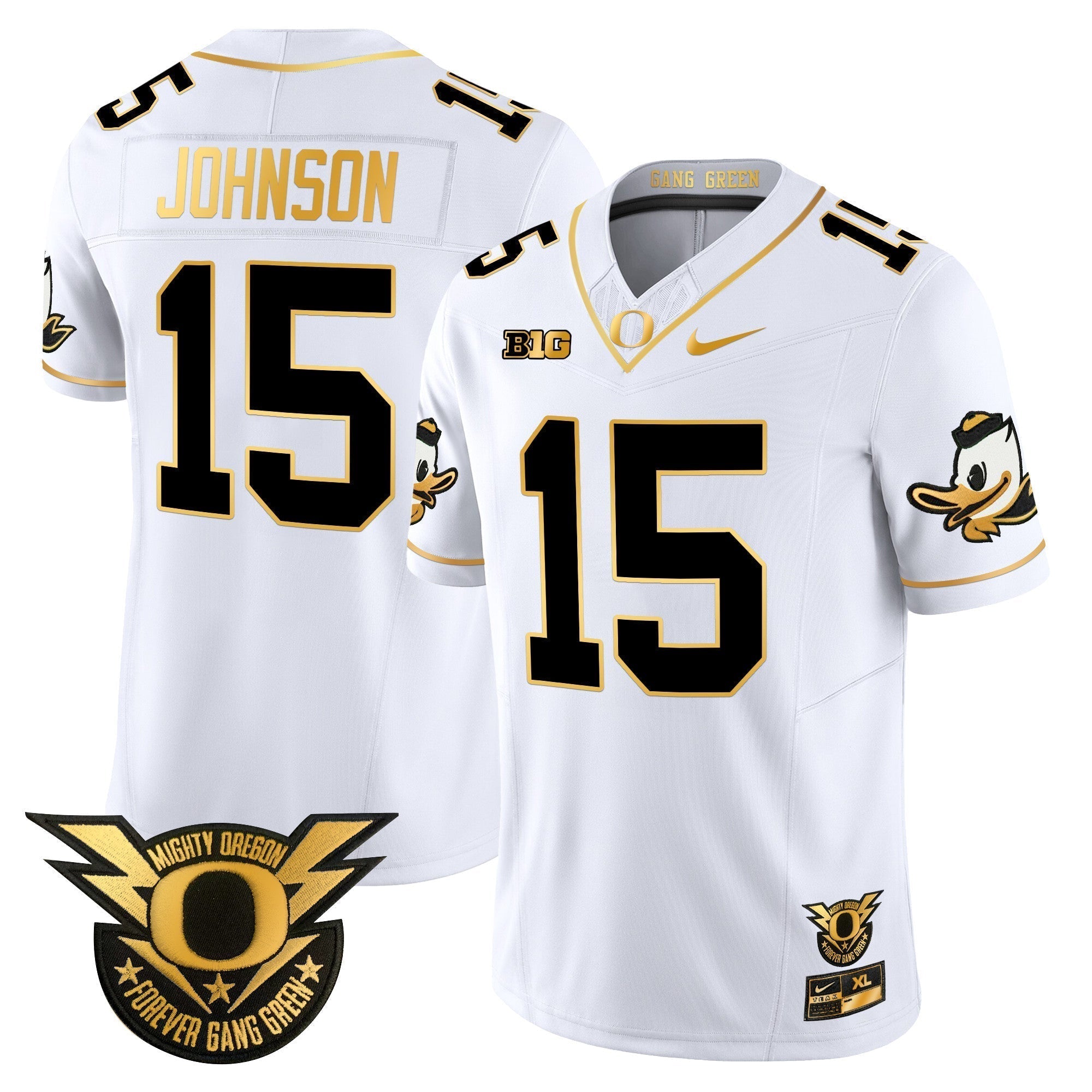 Men Oregon Ducks 2024 Forever Gang Green & BIG Patch Gold Vapor Limited Jersey - All Stitched