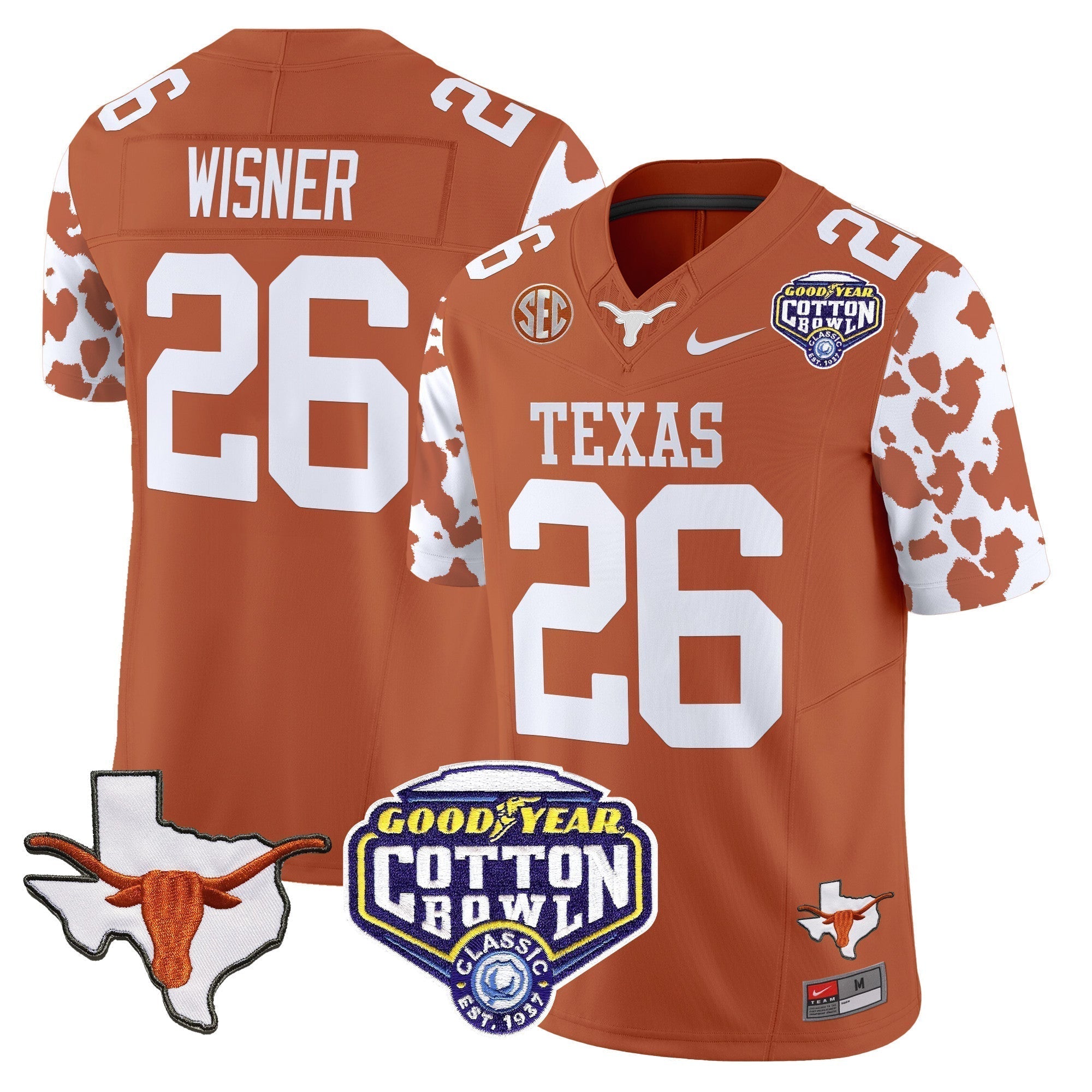 Men Texas Longhorns Cow Spots Cotton Bowl Patch Vapor Limited Jersey - All Stitched