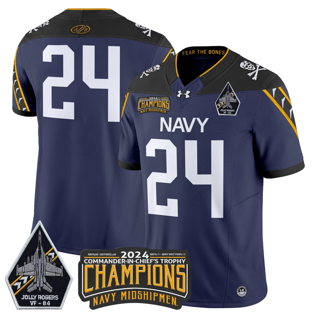 Men Navy Midshipmen 2024 Jolly Rogers VF-84 & Commander-In-Chief's Trophy Champions Patch Vapor Limited Jersey - All Stitched