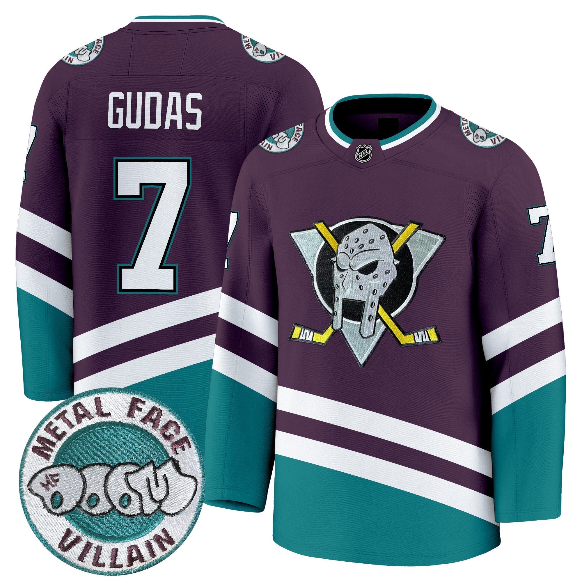 Men Anaheim Ducks MF DOOM Metal Face Villain Patch Premium Jersey - All Stitched