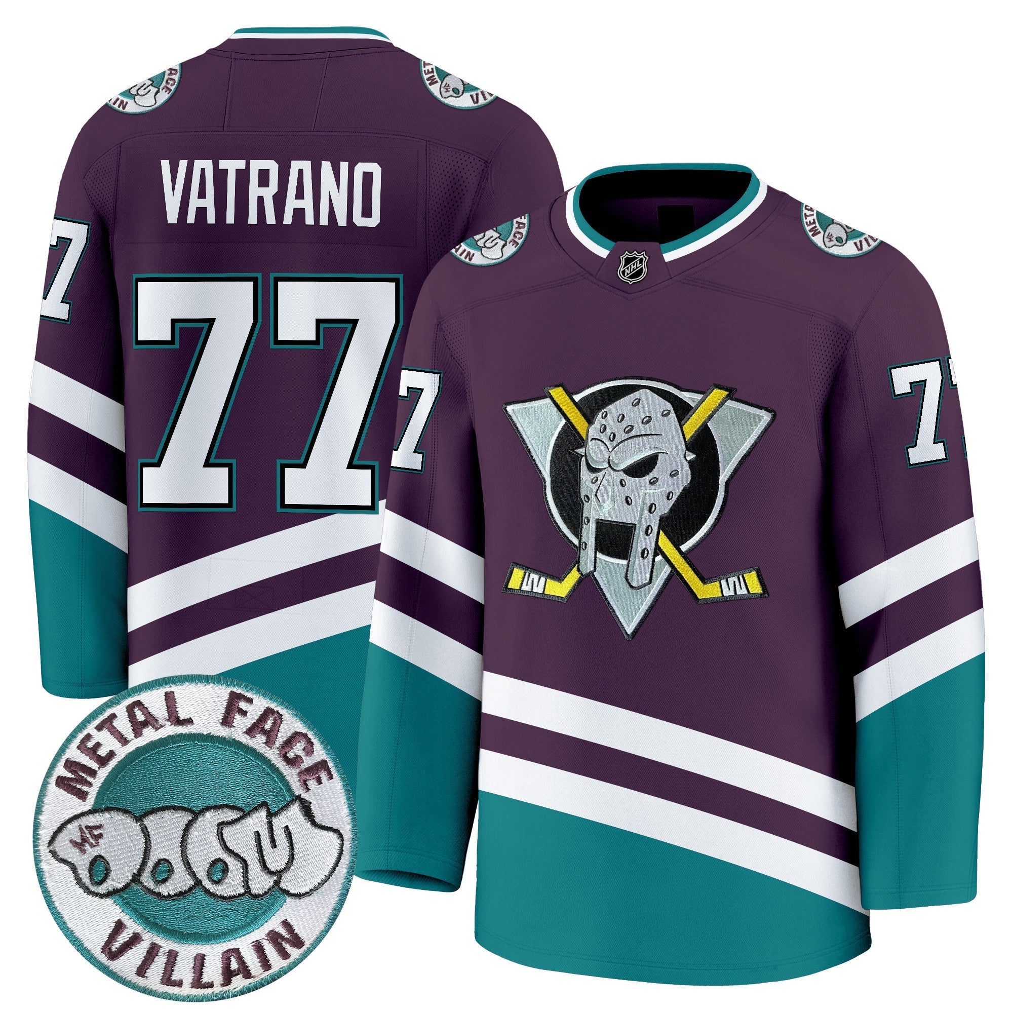 Men Anaheim Ducks MF DOOM Metal Face Villain Patch Premium Jersey - All Stitched