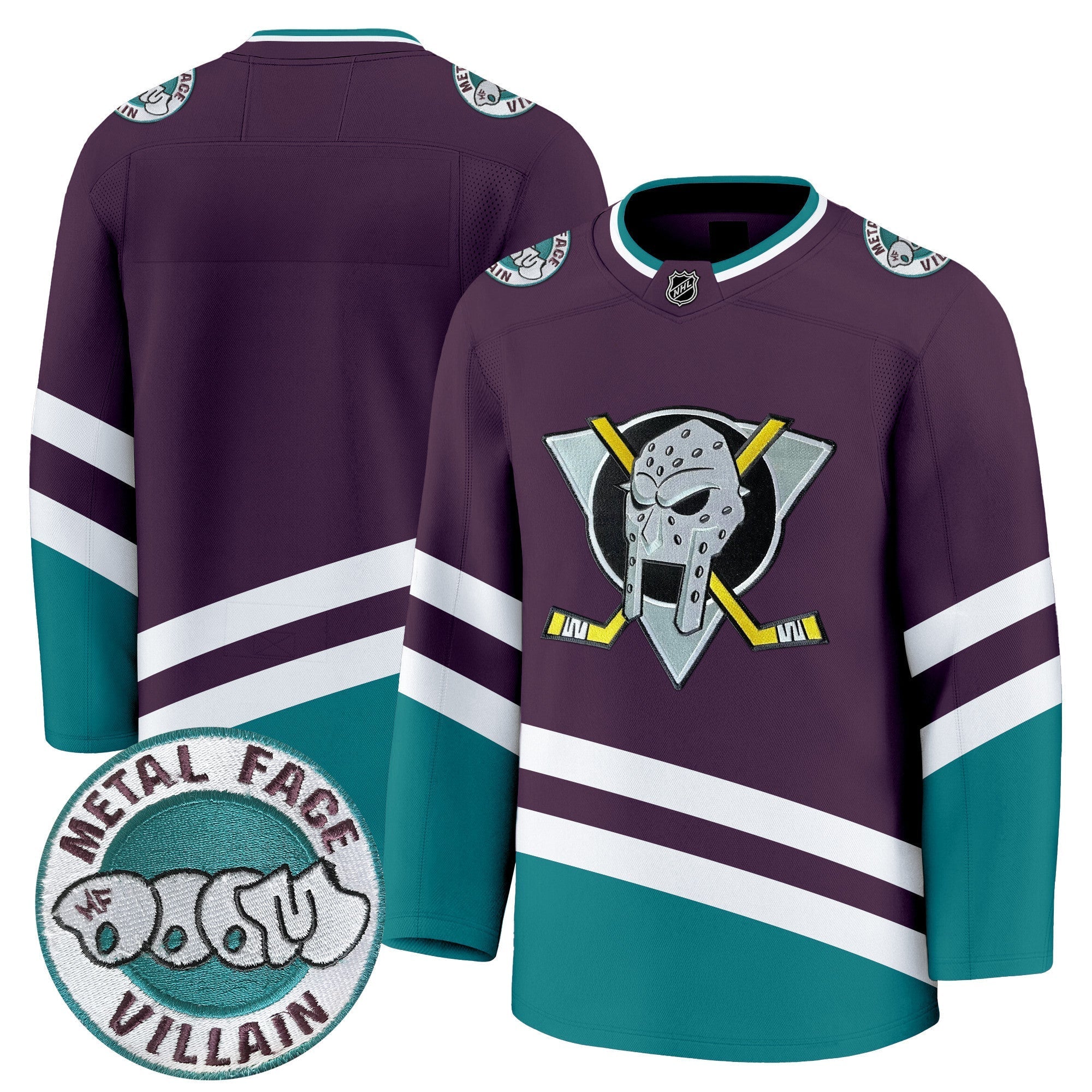 Men Anaheim Ducks MF DOOM Metal Face Villain Patch Premium Jersey - All Stitched