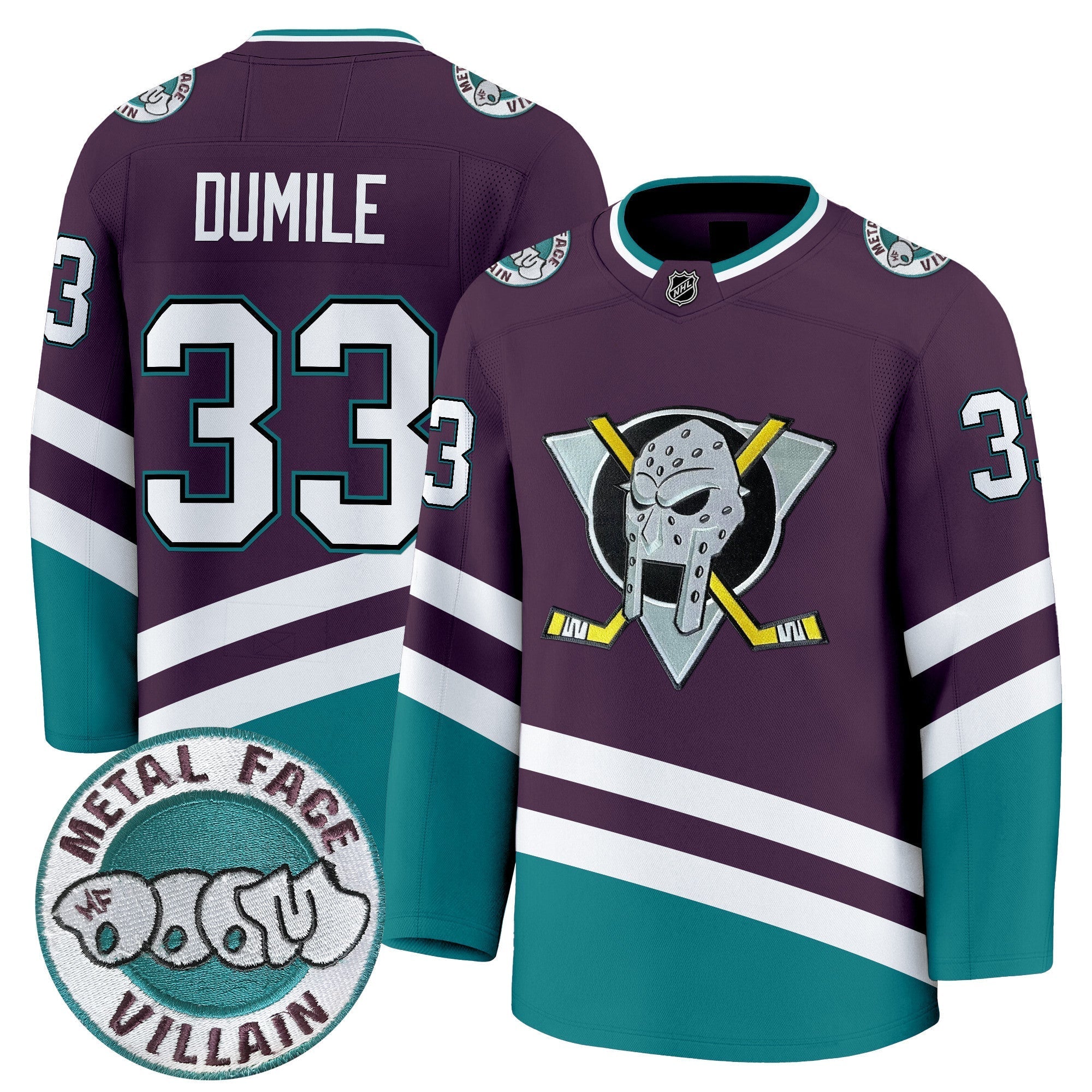 Men Anaheim Ducks MF DOOM Metal Face Villain Patch Premium Jersey - All Stitched
