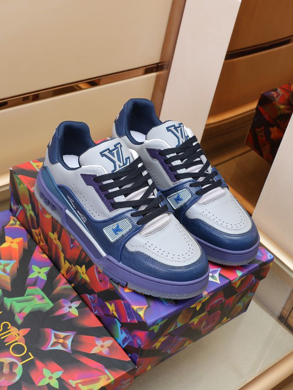 Luxury Virgil Trainer Sneakers Shoes #54 Signature Blue Light Grey Monogram
