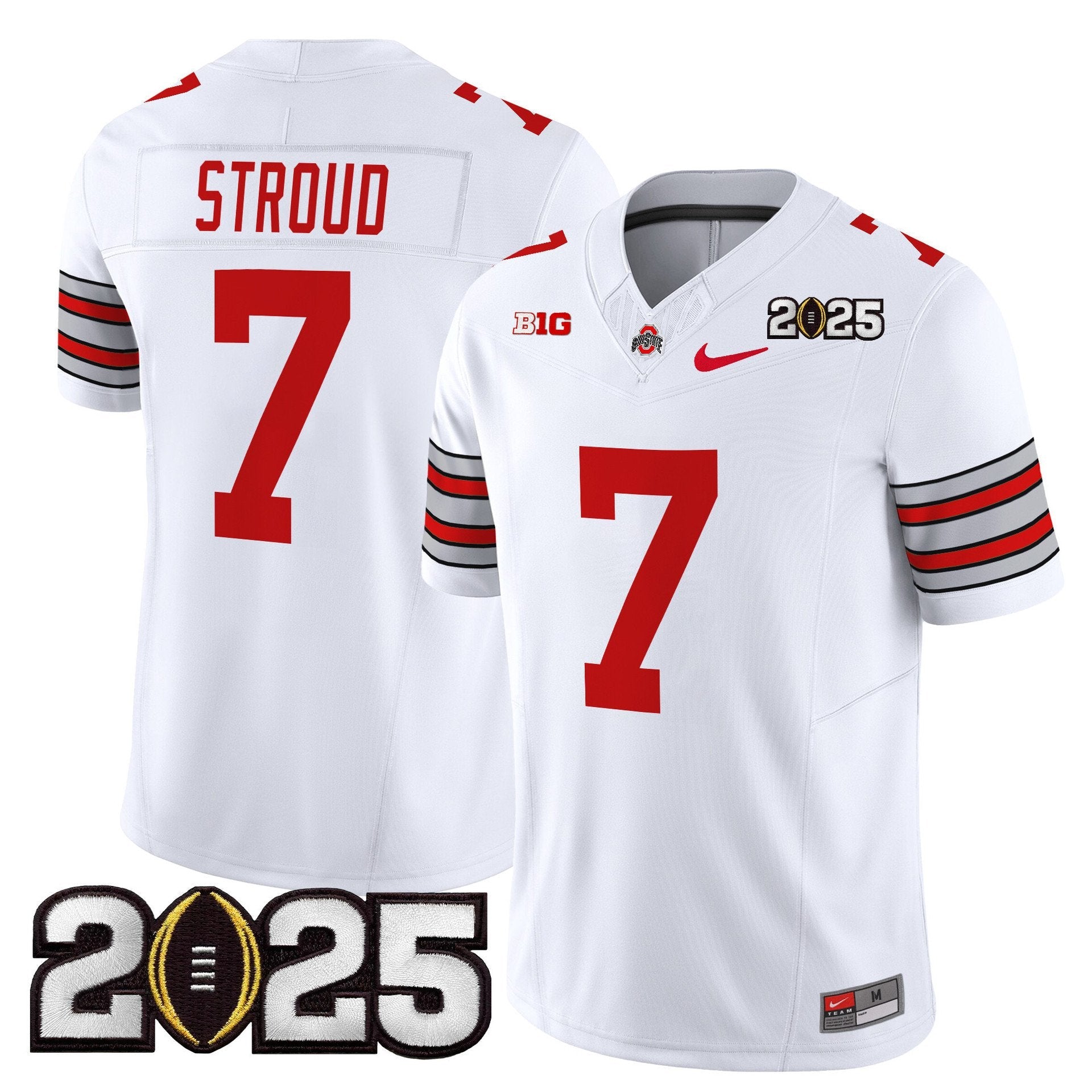 C J Stroud Jersey #7 Ohio State Heritage Stripe 2025 CFP Final Stitched White