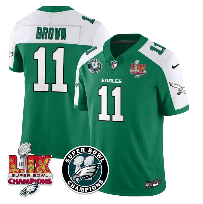 A. J. Brown Jersey #11 Super Bowl LIX Champions All Stitched Alter Kelly Green