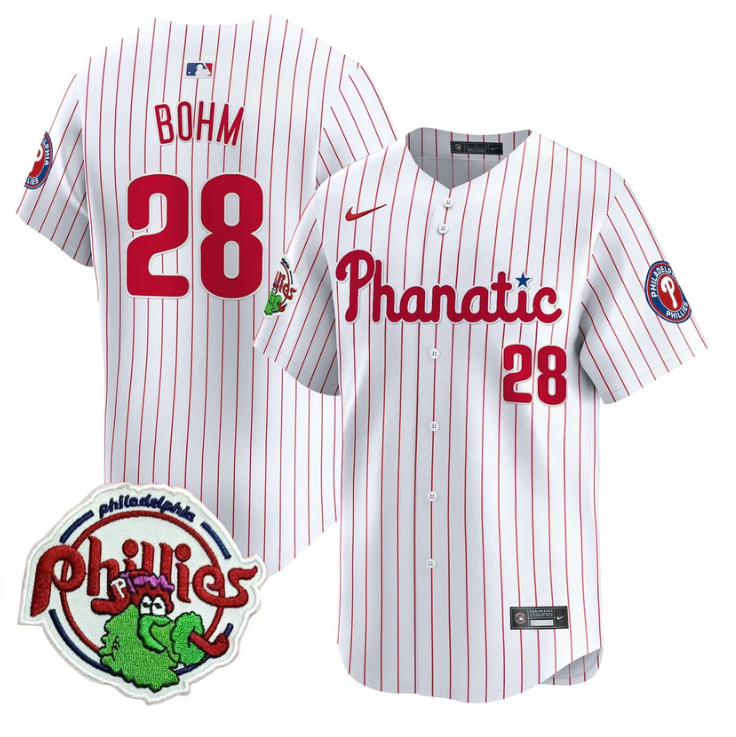 Alec Bohm Jersey #28 Phillies Phanatic Patch Vapor Premier Limited Stitched White Pinstripe