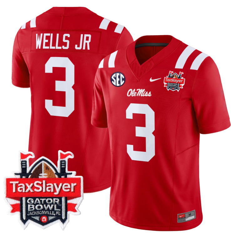 Antwane Wells Jr Jersey #3 Ole Miss Rebels 2024 Gator Bowl V2 Red