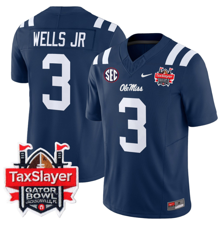 Antwane Wells Jr Jersey #3 Ole Miss Rebels 2024 Gator Bowl V2 Navy