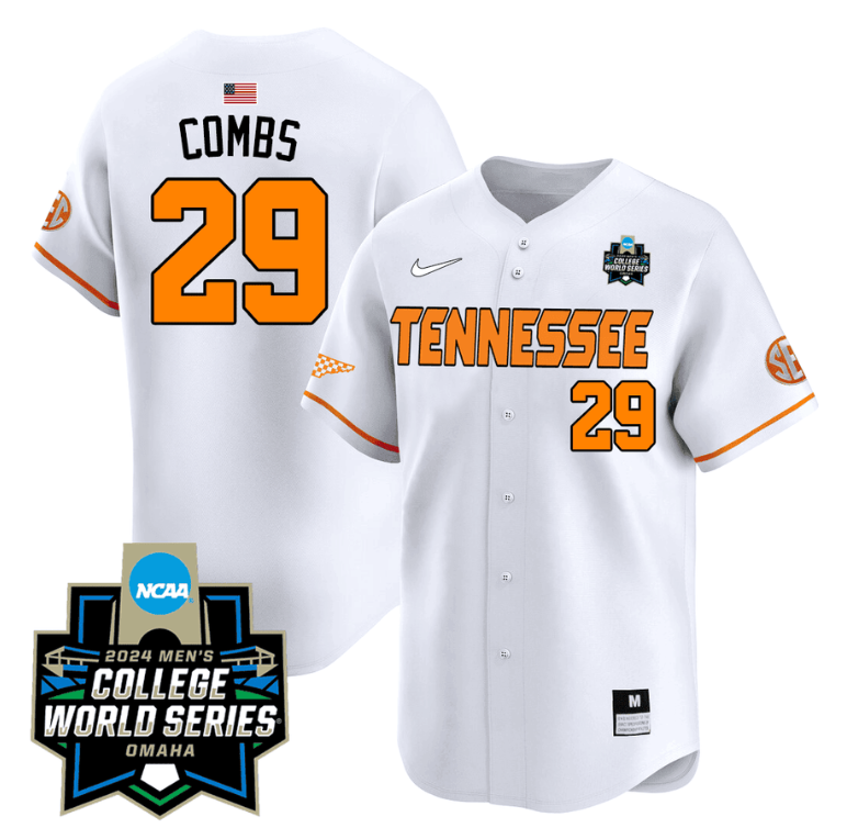 Aaron Combs Jersey #29 Tennessee Volunteers 2024 College World Series Patch Vapor Premier Limited NCAA Baseball Stitched White