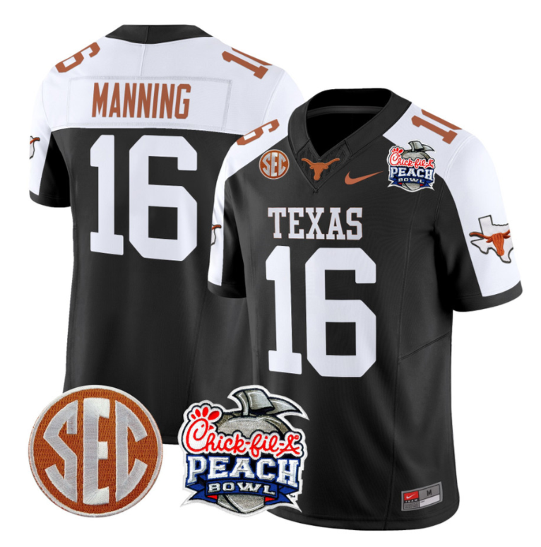 Arch Manning Jersey #16 Texas Longhorns Peach Bowl Patch Vapor Black