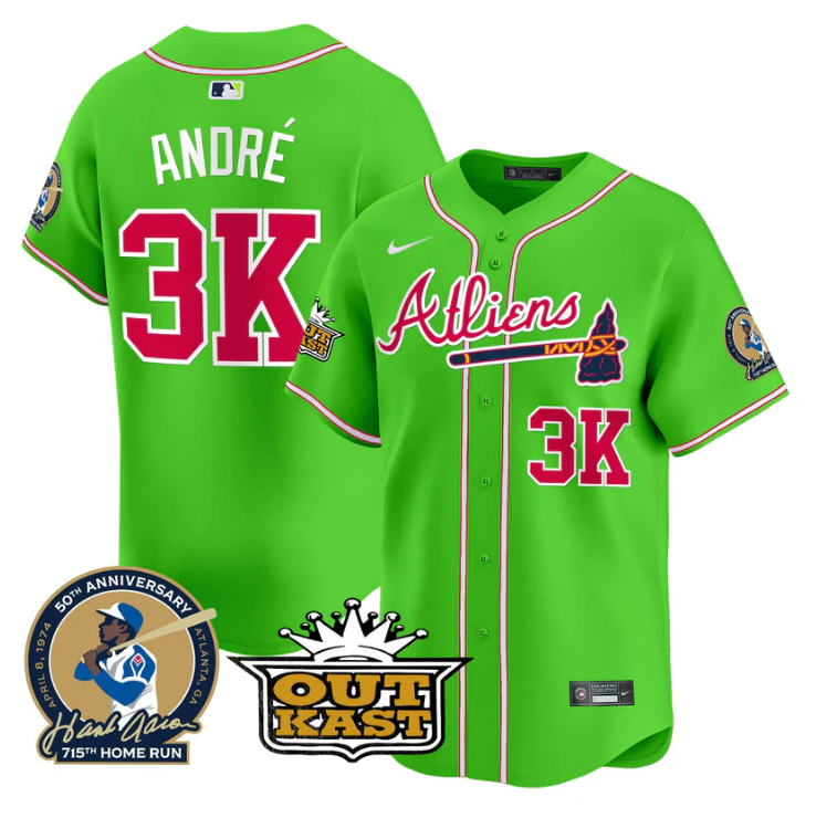 André Jersey #3K Atlanta Braves Atliens Hank Aaron Patch Limited Stitched Bright Green
