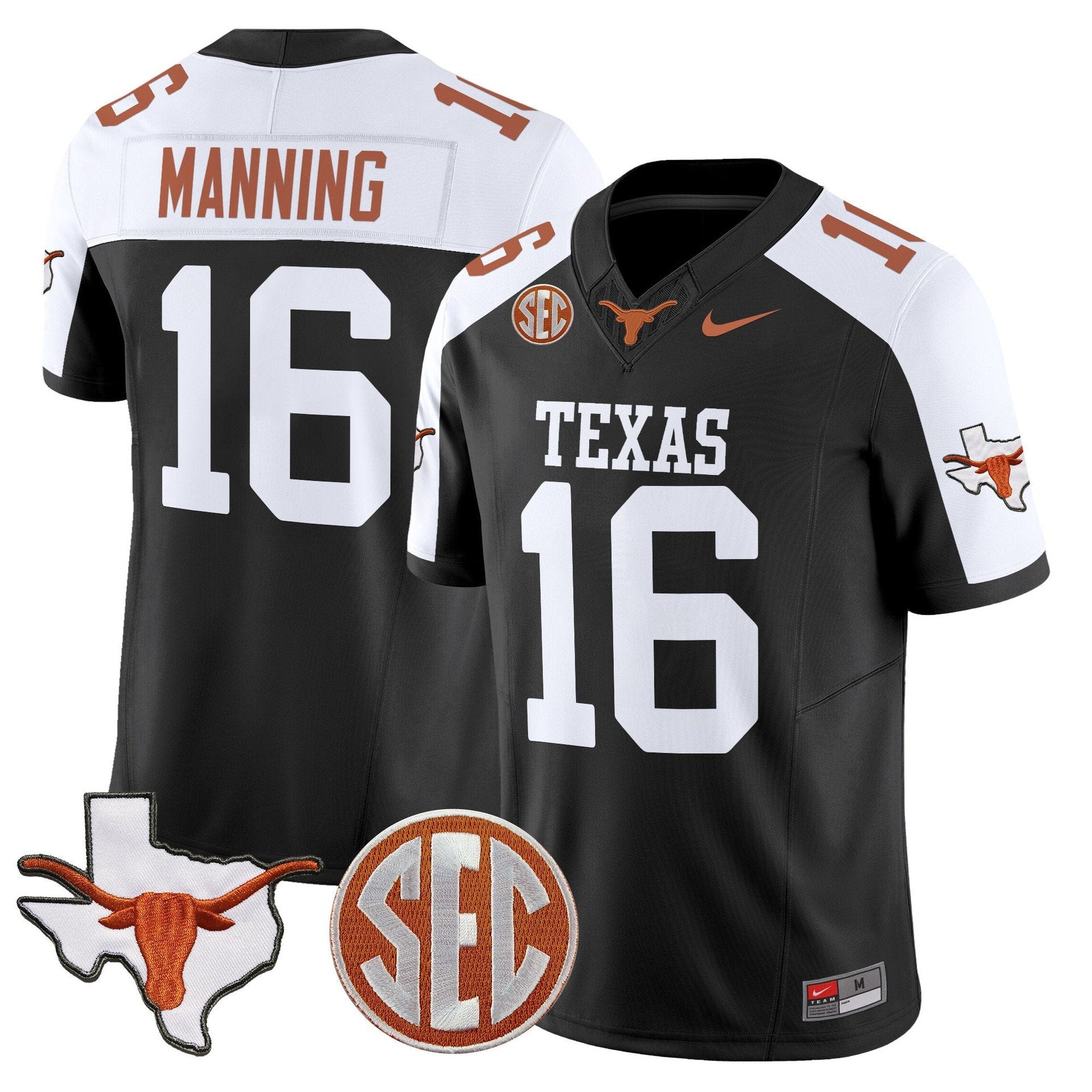 Arch Manning Jersey #16 Texas Longhorns 2025 State Map SEC Patch Black Alternate