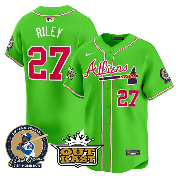 Austin Riley Jersey #27 Atlanta Braves Atliens Hank Aaron Patch Limited Stitched Bright Green