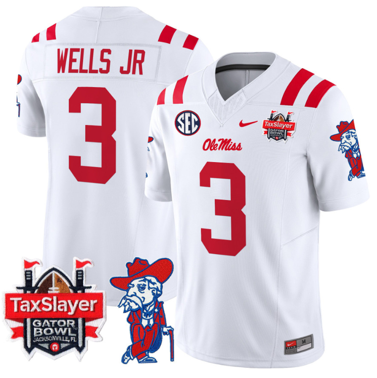 Antwane Wells Jr Jersey #3 Ole Miss Rebels 2025 Gator Bowl Patch White