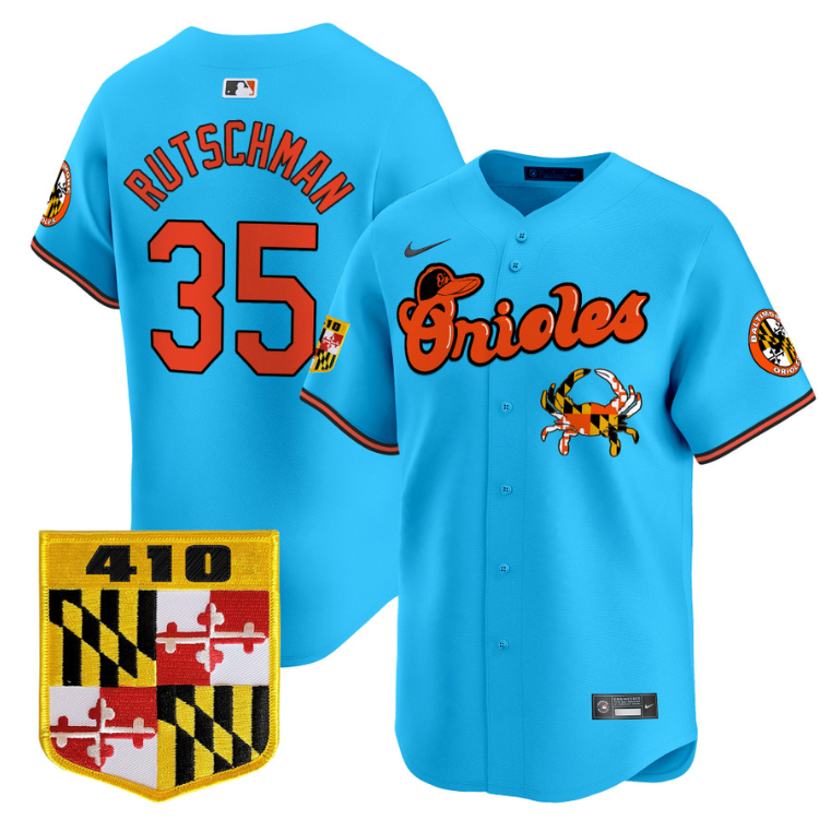 Adley Rutschman Jersey #35 Baltimore Orioles 410 & Chesapeake Crab Patch Limited Stitched Light Blue