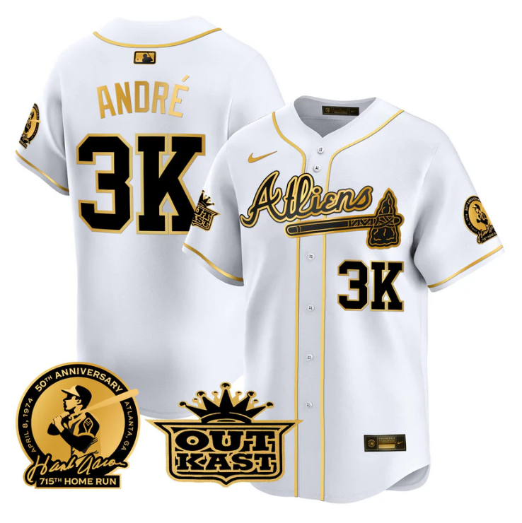 André Jersey #3K Atlanta Braves Atliens Hank Aaron Patch Limited Stitched White Gold