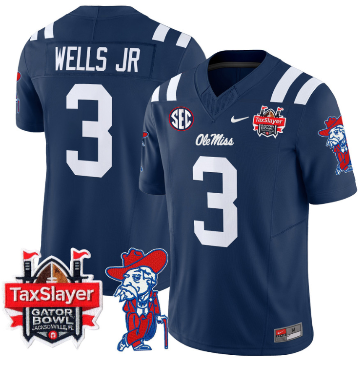 Antwane Wells Jr Jersey #3 Ole Miss Rebels 2025 Gator Bowl Patch Navy