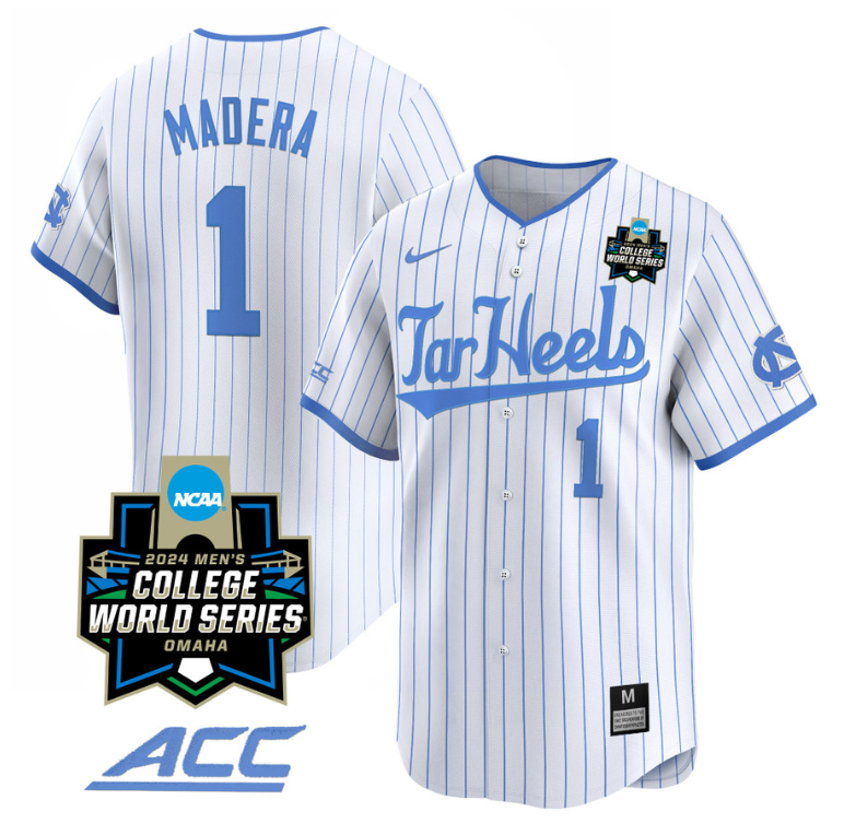 Alex Madera Jersey #1 North Carolina Tar Heels 2024 College World Series Vapor Premier Limited NCAA Baseball Stitched White Pinstripe