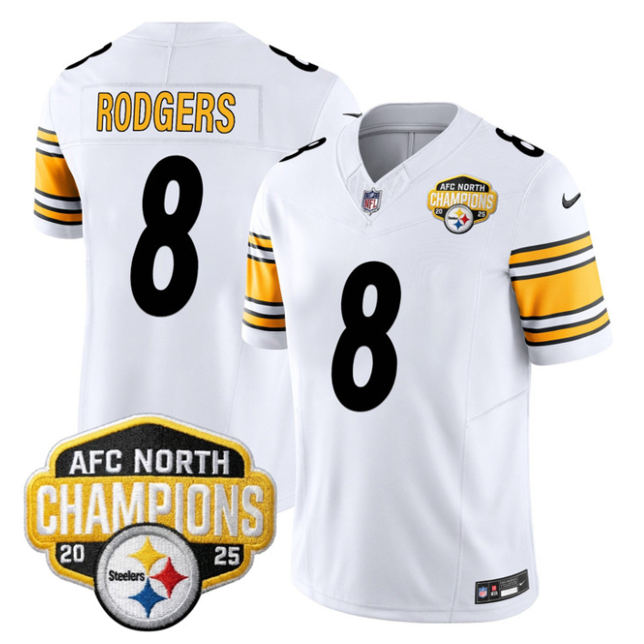 Aaron Rodgers Jersey #8 AFC North Division Champions 2025 Stitched White