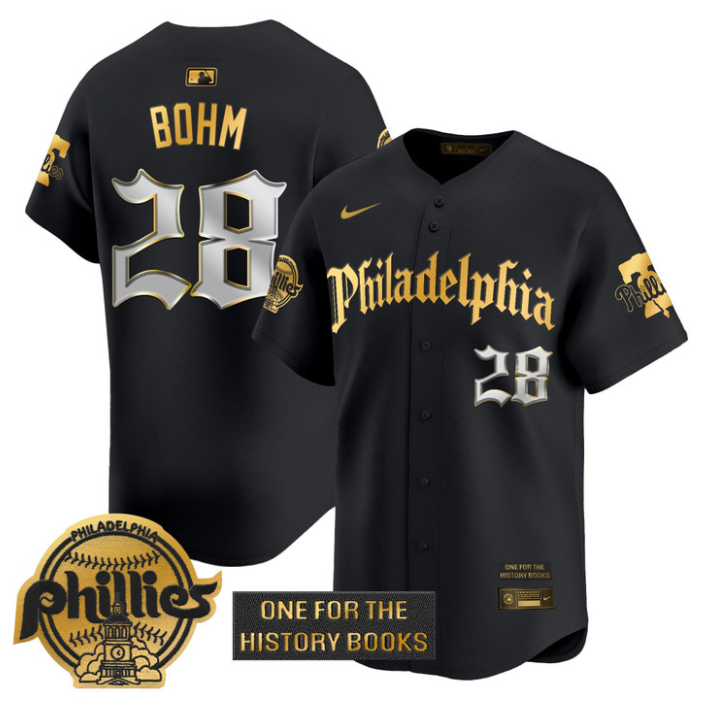 Alec Bohm Jersey #28 Phillies Retro Newspaper Edition Gold Vapor Premier Stitched Black Gold