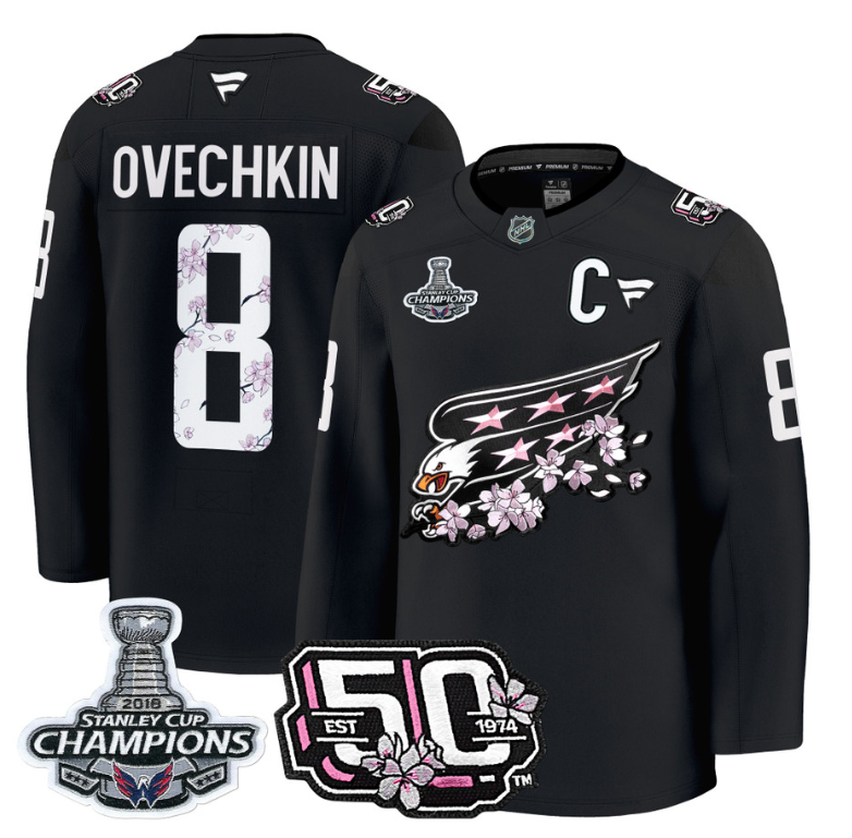 Alex Ovechkin Jersey #8 Washington Capitals 50th 2018 Stanley Cup Champions Patch Black