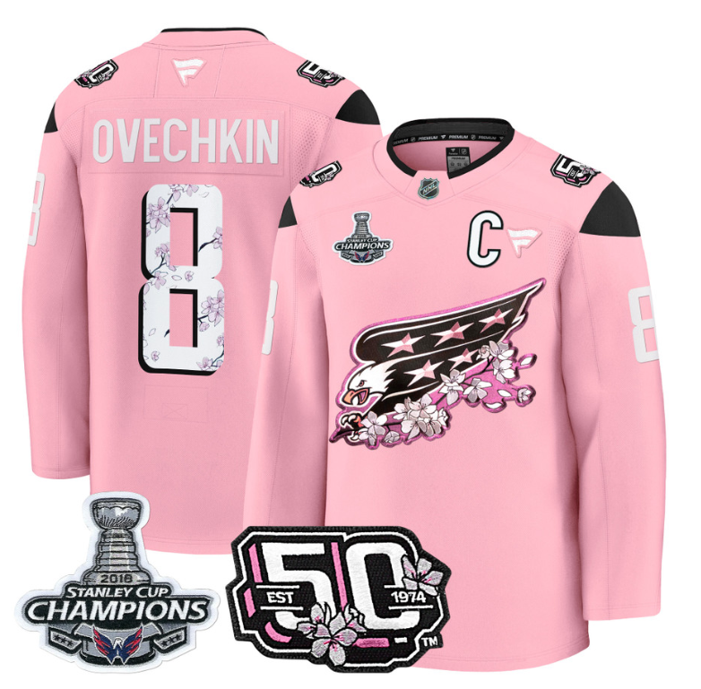 Alex Ovechkin Jersey #8 Washington Capitals 50th 2018 Stanley Cup Champions Patch Cherry Blossom