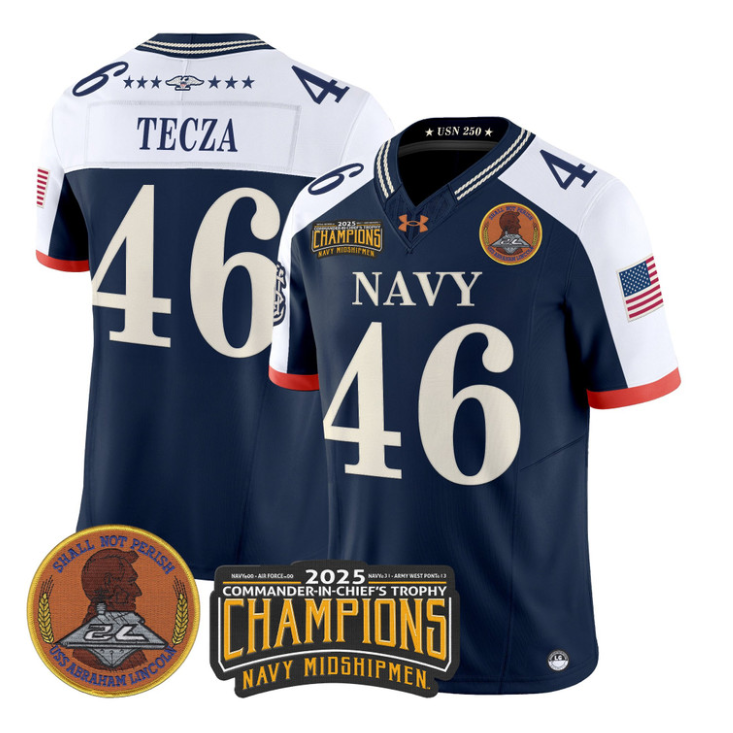 Alex Tecza Jersey #46 Navy Midshipmen 2025 Trophy Champions Stitched Navy Alternate