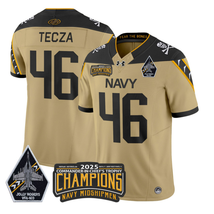 Alex Tecza Jersey #46 Navy Midshipmen Jolly Rogers 2025 Trophy Stitched Gold