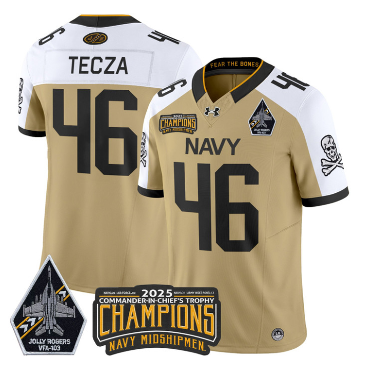 Alex Tecza Jersey #46 Navy Midshipmen Jolly Rogers 2025 Trophy Stitched Gold Alternate