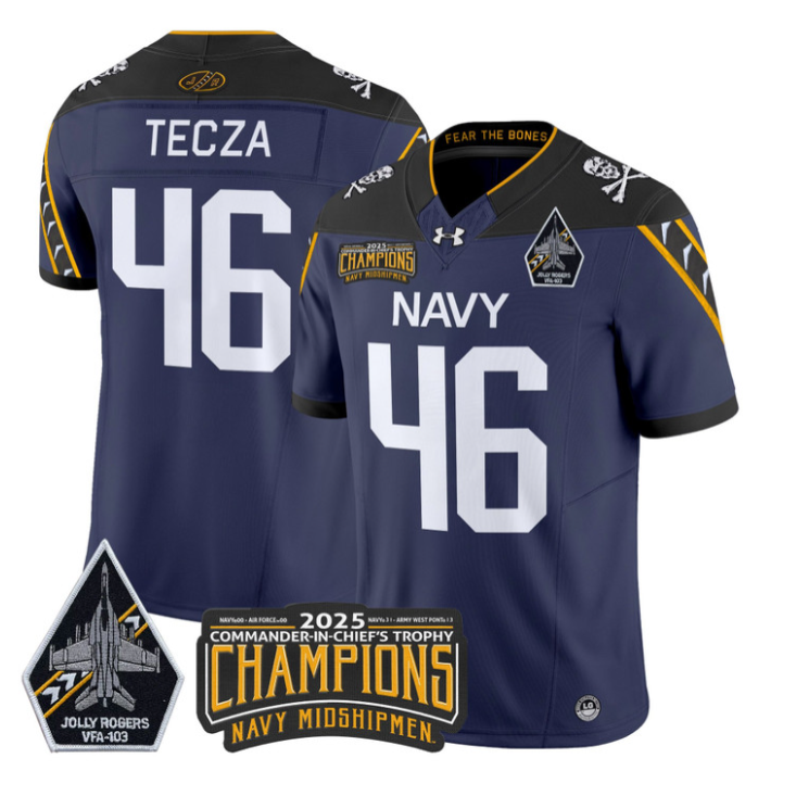 Alex Tecza Jersey #46 Navy Midshipmen Jolly Rogers 2025 Trophy Stitched Navy