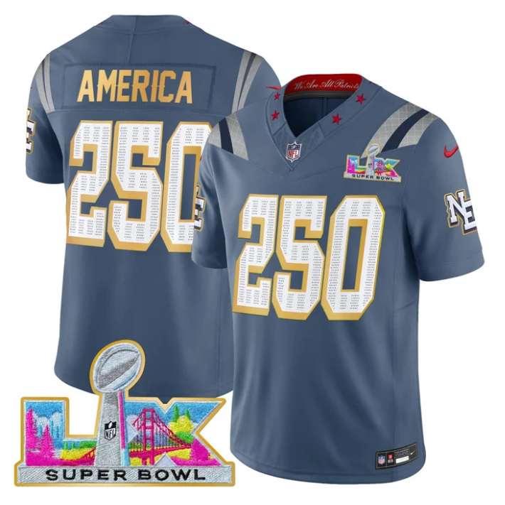 America Jersey #250 Patriots Super Bowl LX Gold Trim All Stitched