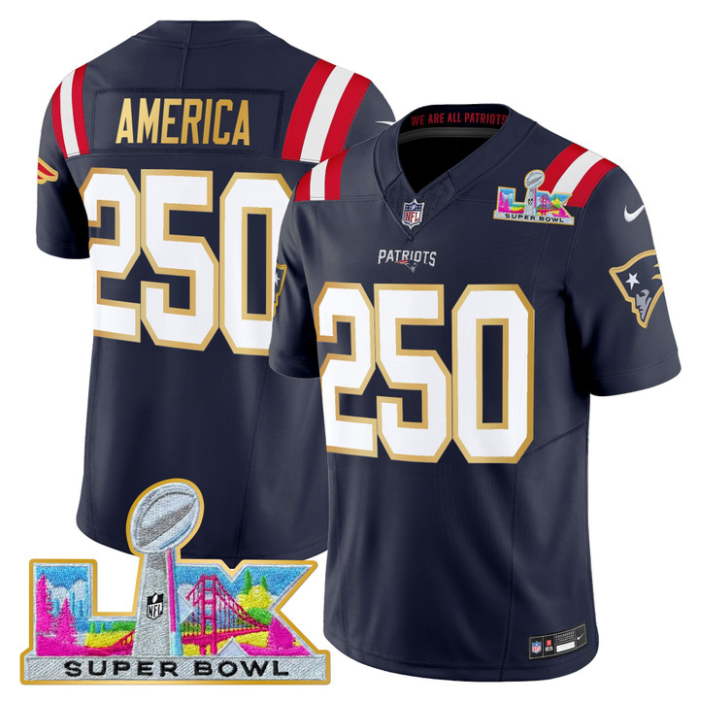 America Jersey #250 Patriots Super Bowl LX Gold Trim All Stitched
