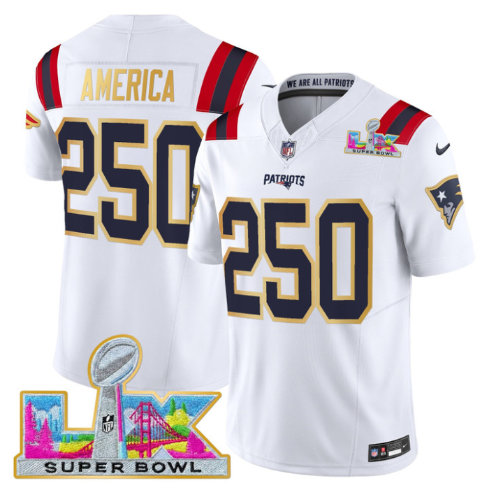 America Jersey #250 Patriots Super Bowl LX Gold Trim All Stitched