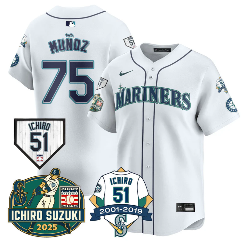 Andrés Muñoz Jersey #75 Seattle Mariners Ichiro Suzuki Stitched White