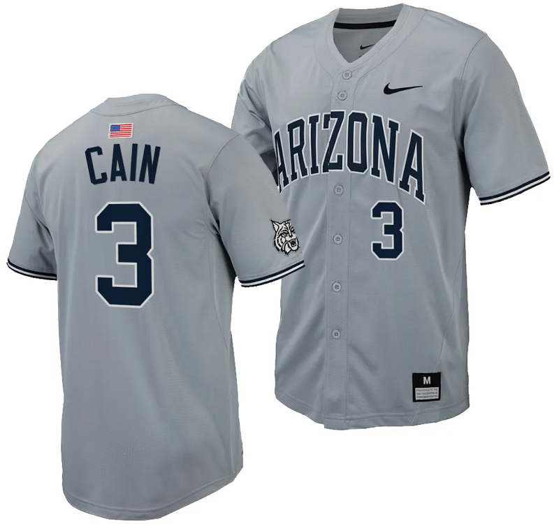 Andrew Cain Jersey #3 Arizona Wildcats Replica Baseball Full-Button Gray