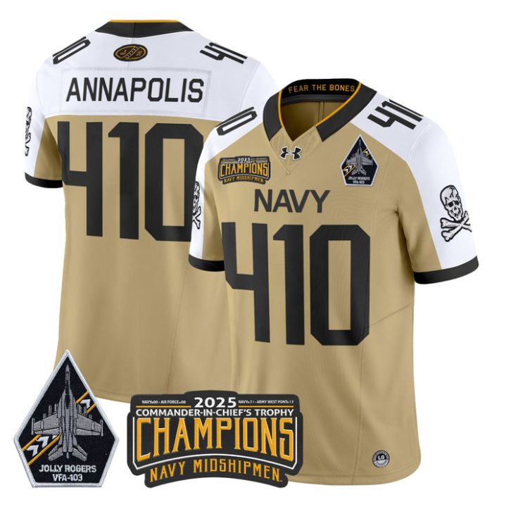 Annapolis Jersey #410 Navy Midshipmen Jolly Rogers 2025 Trophy Stitched Gold Alternate