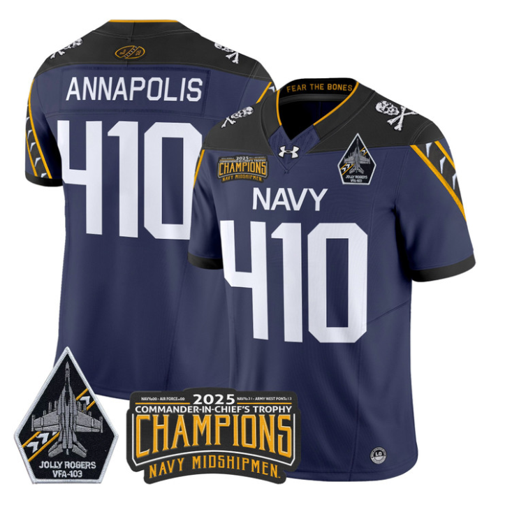 Annapolis Jersey #410 Navy Midshipmen Jolly Rogers 2025 Trophy Stitched Navy