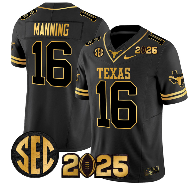 Arch Manning Jersey #16 Texas Longhorns 2025 CFP Final Gold Patch Black Gold