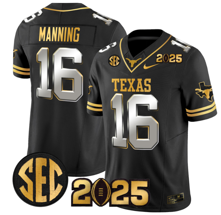 Arch Manning Jersey #16 Texas Longhorns 2025 CFP Final Gold Patch Black Limited