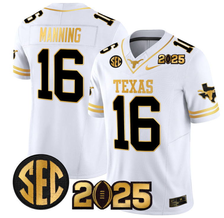 Arch Manning Jersey #16 Texas Longhorns 2025 CFP Final Gold Patch White Gold