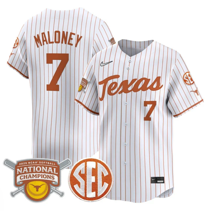 Ashton Maloney Jersey #7 Texas Longhorns 2025 National Champions White Pinstripe
