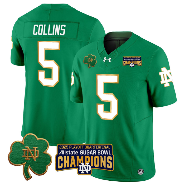 Beaux Collins Jersey #5 Notre Dame 2025 Sugar Bowl Champions Patch Green