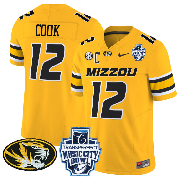 Brady Cook Jersey #12 Missouri Tigers 2024 Music City Bowl Gold