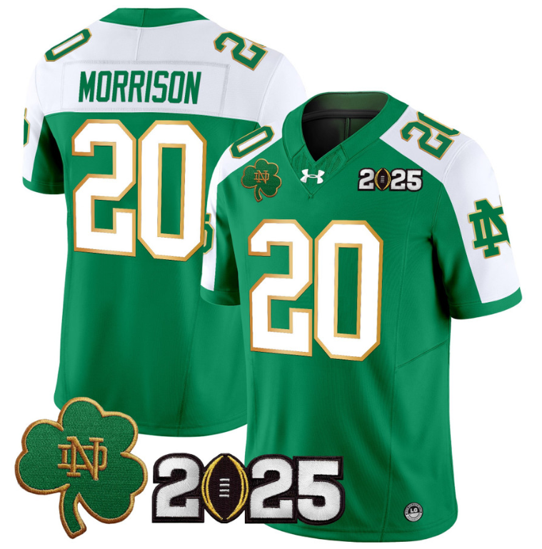 Benjamin Morrison Jersey #20 Notre Dame 2025 CFP Final Patch Green Alternate
