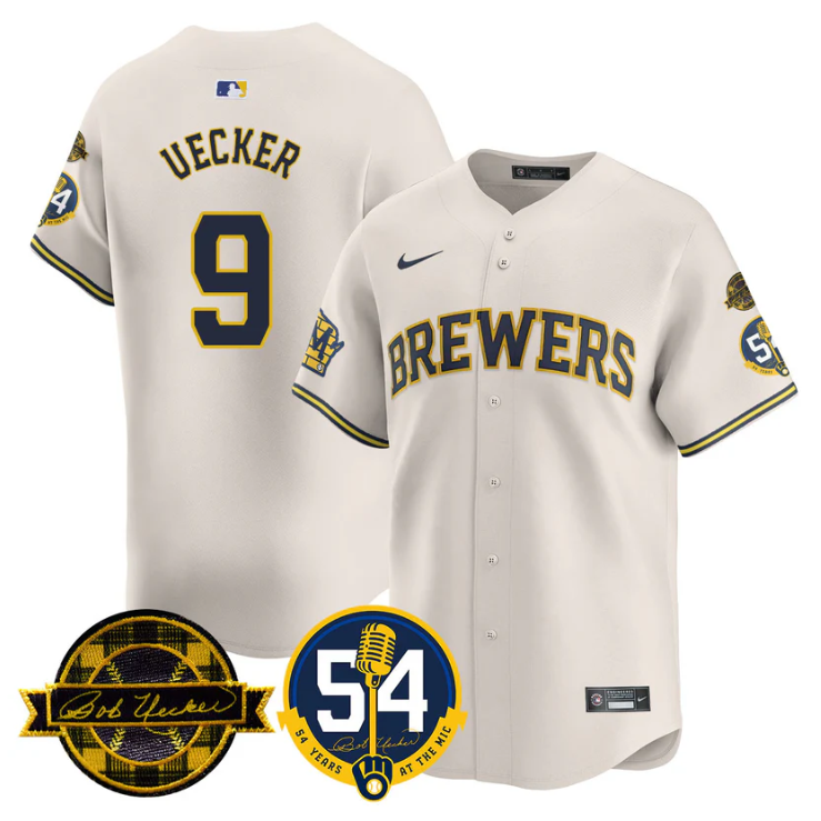 Bob Uecker Jersey #9 Milwaukee Brewers 2025 Bob Uecker, 54 Seasons for Brewers Stitched Cream